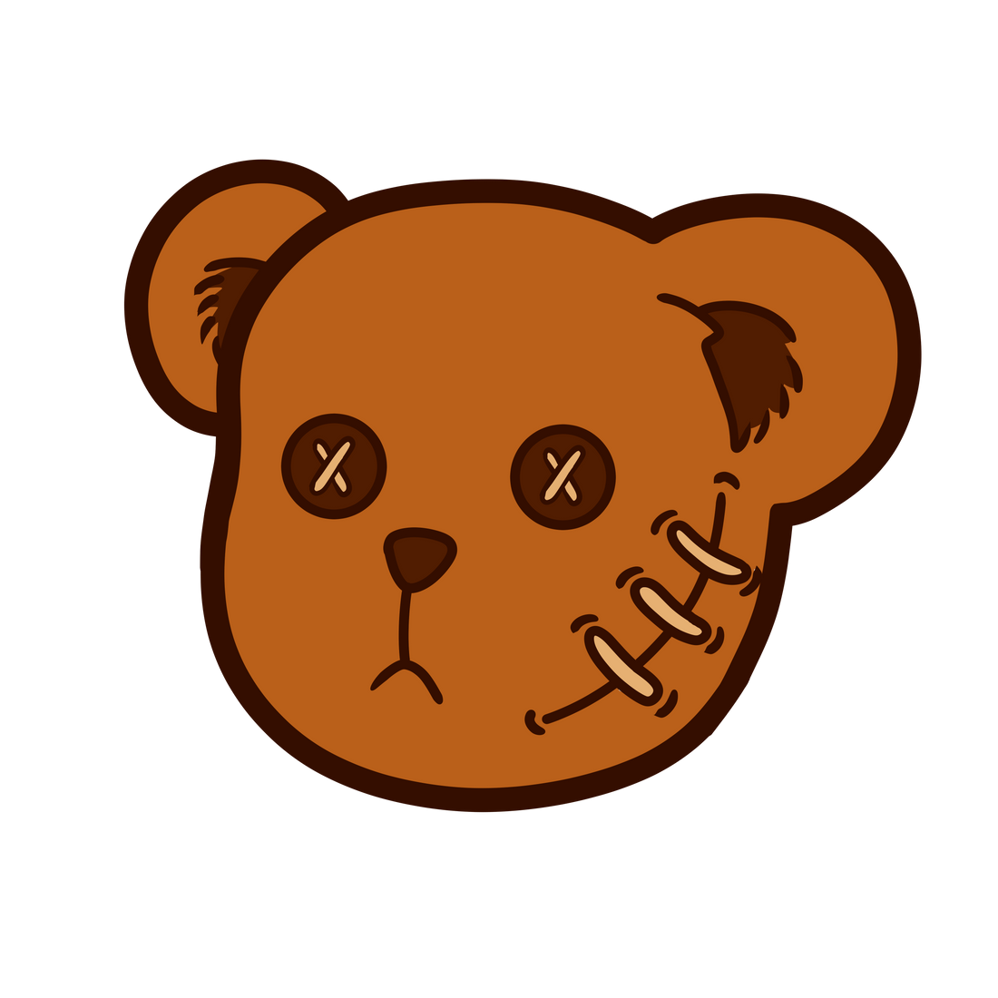 Minimalist brown teddy bear cartoon face with cross-stitched eyes and prominent side stitches, outlined in dark brown on a plain white background.